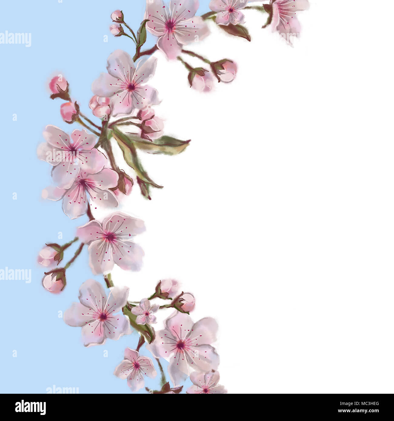 Rosa Blumenmuster Half-Wreath auf blauem Hintergrund. Half-Circle Vorlage mit weißen Kopie Platz für Text. Aquarell Flower botanischer Illustration. Stockfoto