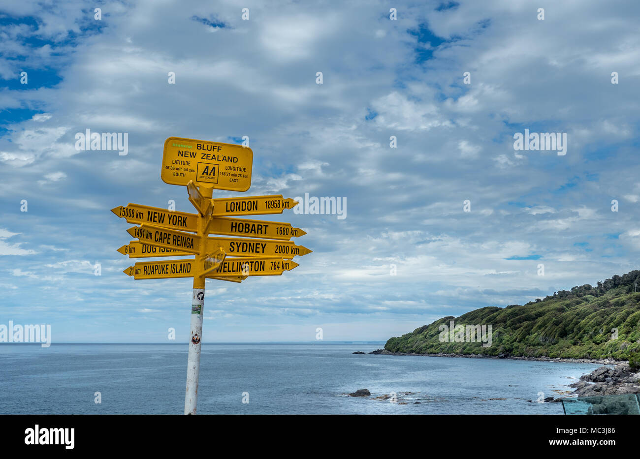 Bluff, Neuseeland. Südlichsten Punkt in Neuseeland - nächster Stop Antarktis. Stockfoto