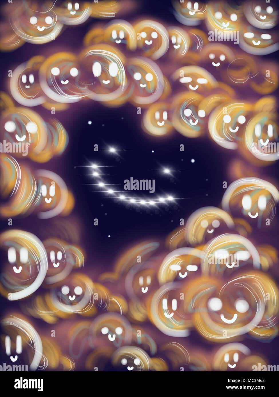 Lächelndes Herz im Raum von leuchtenden Sterne und Wolken mit einer lächelnden Gesichter 2d-Raster abstrakte Vertikale hochauflösende Abbildung gemacht Stockfoto