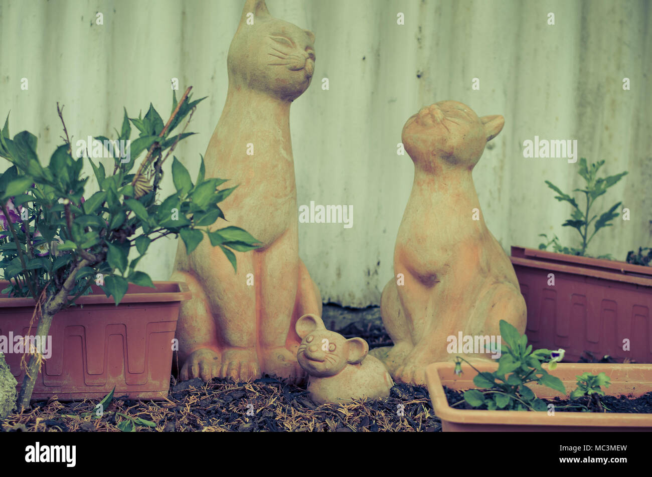 Schöne Dekoration der Katze Familie aus Keramik Stockfoto