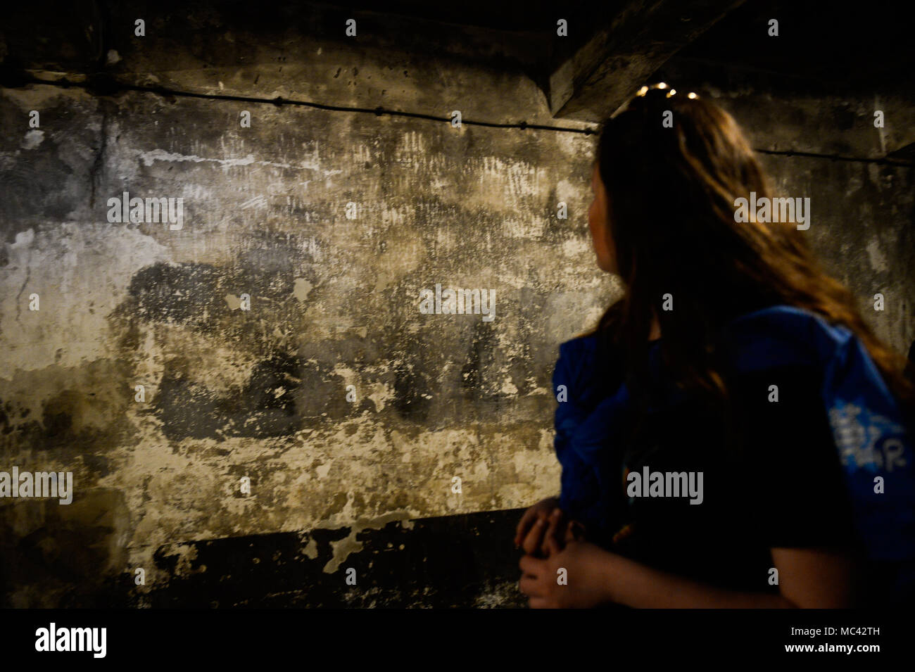 Die Teilnehmenden besuchen eine Gaskammer im ehemaligen deutschen Vernichtungslager Auschwitz-Birkenau während der 'March der Lebenden" in Oswiecim. Die jährlichen März ehrt die Opfer des Holocaust im ehemaligen deutschen Vernichtungslager Auschwitz-Birkenau im südlichen Polen. Stockfoto