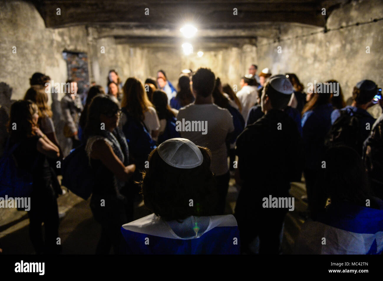 Die Teilnehmenden besuchen eine Gaskammer im ehemaligen deutschen Vernichtungslager Auschwitz-Birkenau während der 'March der Lebenden" in Oswiecim. Die jährlichen März ehrt die Opfer des Holocaust im ehemaligen deutschen Vernichtungslager Auschwitz-Birkenau im südlichen Polen. Stockfoto