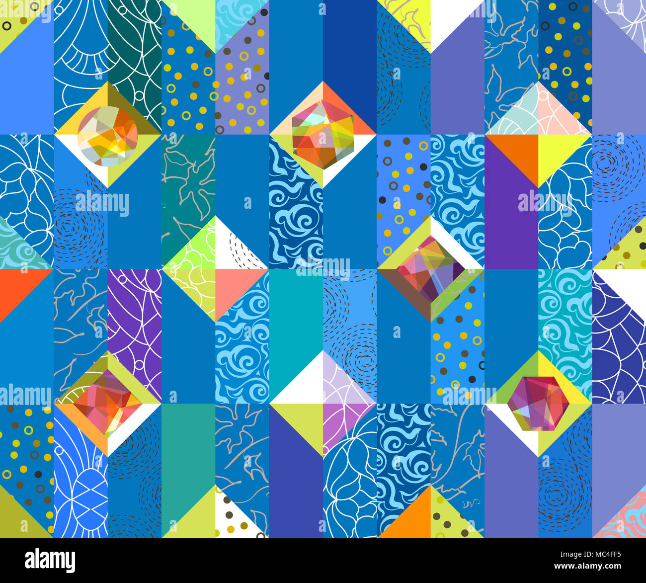 Geometrische abstrakte nahtlose Muster. Patchwork Motiv Hintergrund. Bunte Formen von Mosaik verzierung Stockfoto