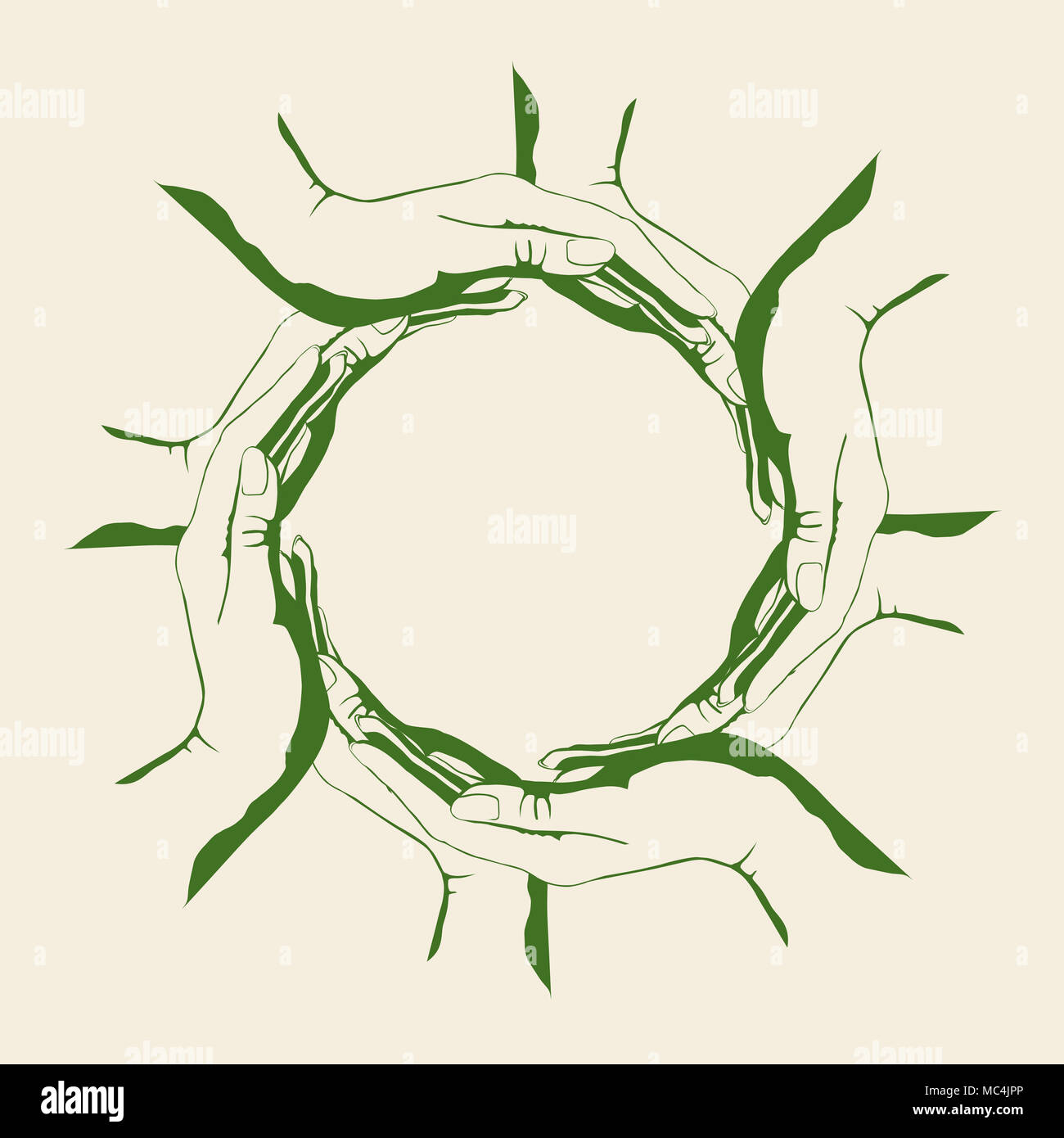 Eine Gruppe von Menschen, die einen Kreis Form mit ihren Händen. Grüne Umwelt konzeptionelle Symbol Design, isoliert Abbildung auf weißem Hintergrund Stockfoto