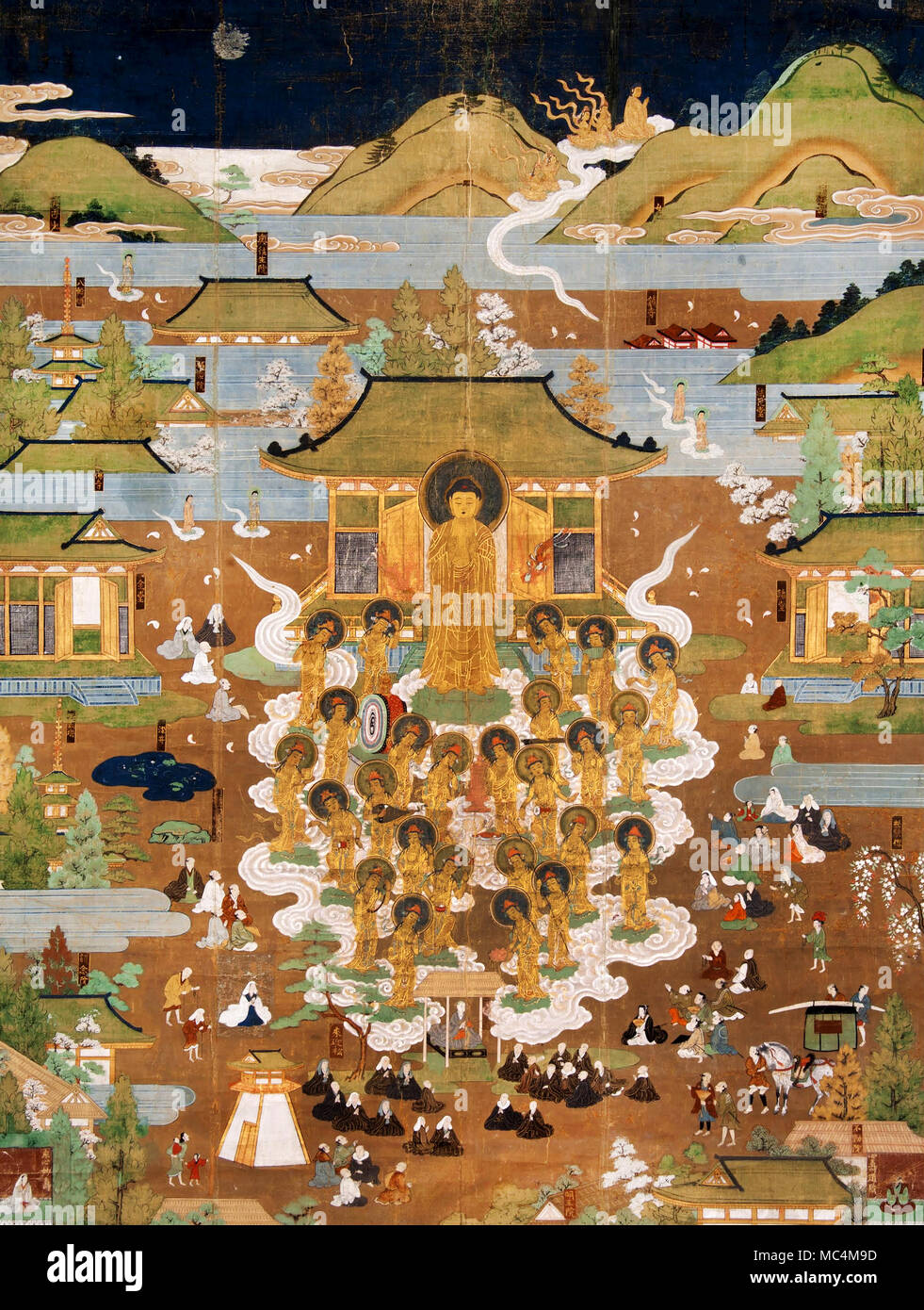 Anonyme, Japanisch, Taima Tempel Mandala: Amida begrüßt Chujohime zu den Westlichen Paradies. Circa 1500-1599. Tinte, Farbe und Gold auf Seide. Stockfoto