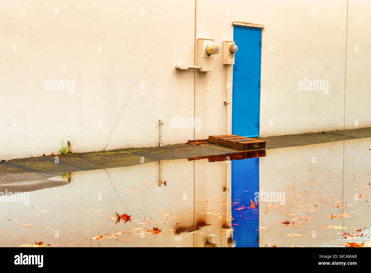 Minimalistische eines blauen Tür auf einem weißen Lager in Hochwasser mit Blätter im Herbst unter der Oberfläche spiegelt. Stockfoto