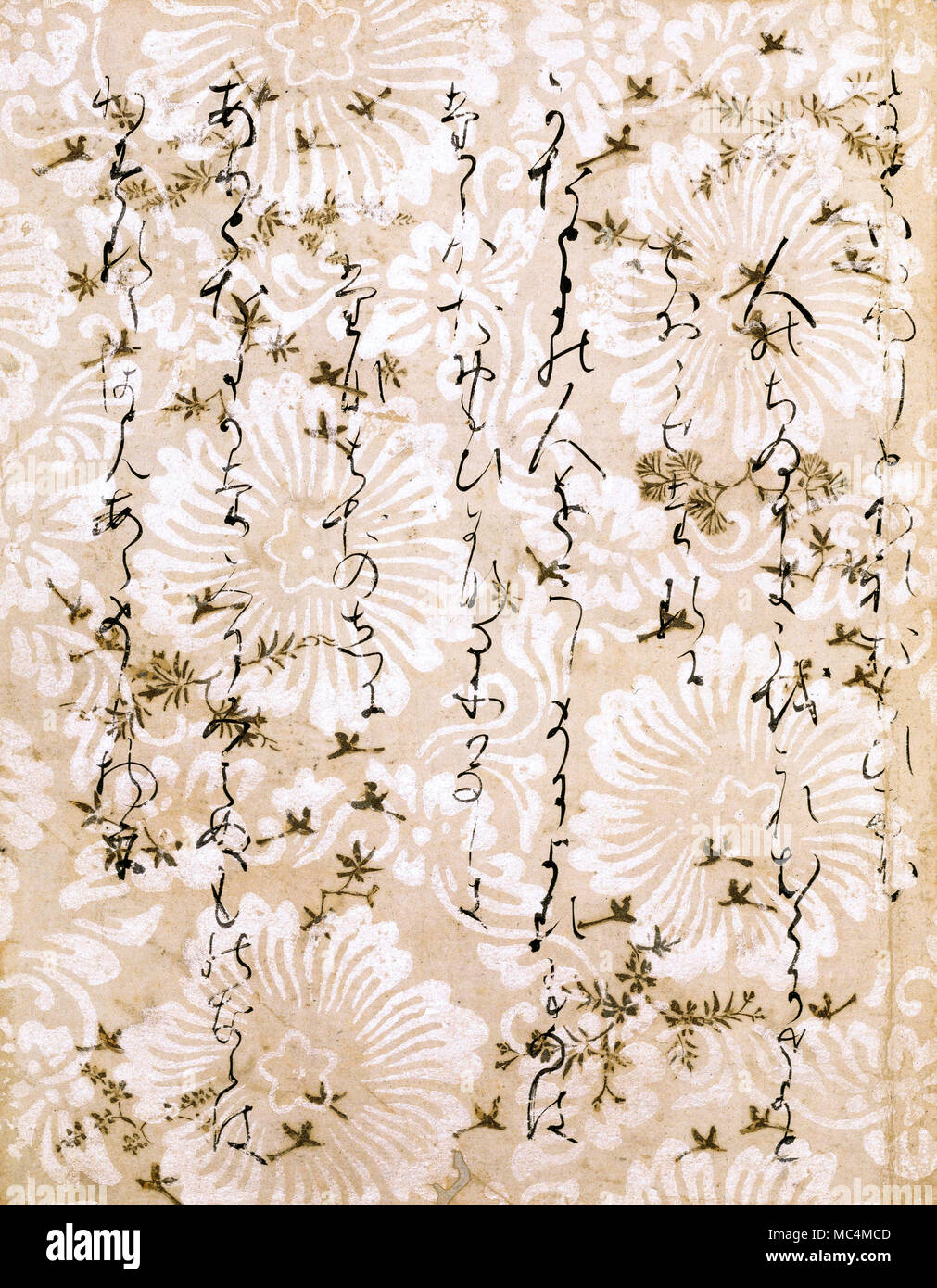 Anonyme, Japanisch, Seite aus der Anthologie mit Gedichten von 36 Dichtern. Heian-zeit 794-1185. Tinte und Silber über Holzschnitt auf Papier. Stockfoto