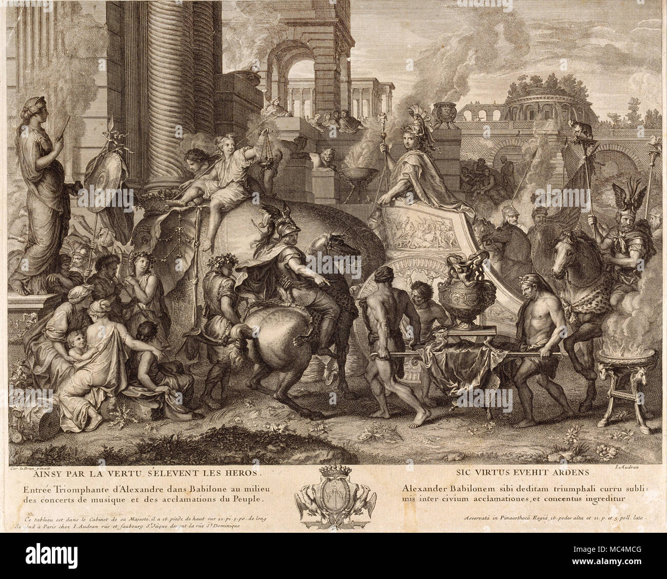 Jean Audran, Alexander der Große in Babylonien. Circa 1703-1708. Ätzen und Burin auf Papier. Museu Nacional d'Art de Catalunya, Barcelona, Spanien. Stockfoto