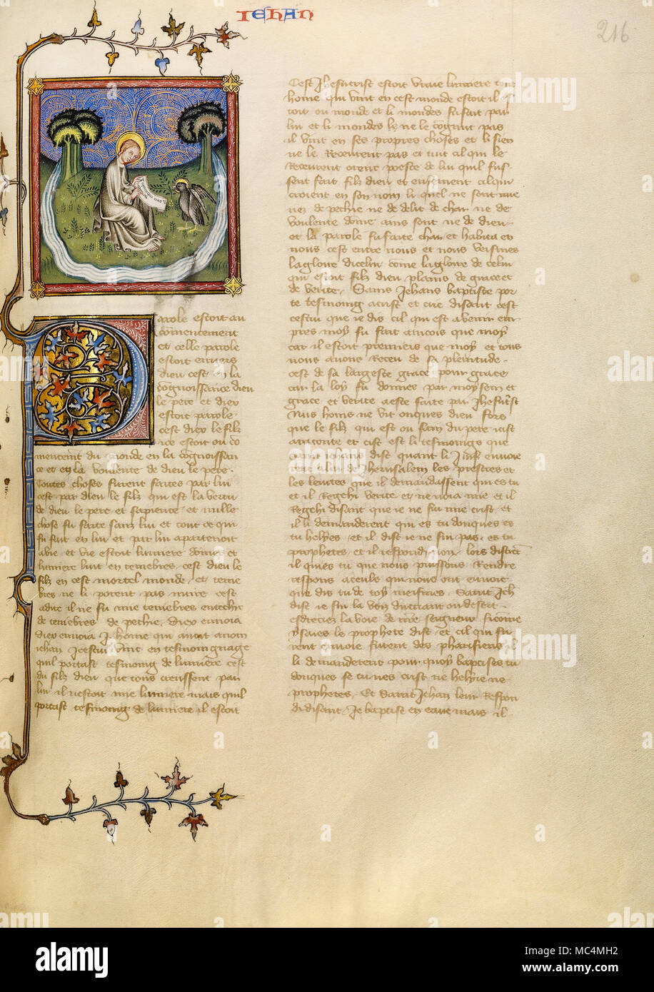 Master von Jean de Mandeville, der heilige Johannes auf Patmos. Circa 1360-1370. Tempera Farben, Gold und Tusche auf Pergament. Die J. Paul Getty Museum. Stockfoto