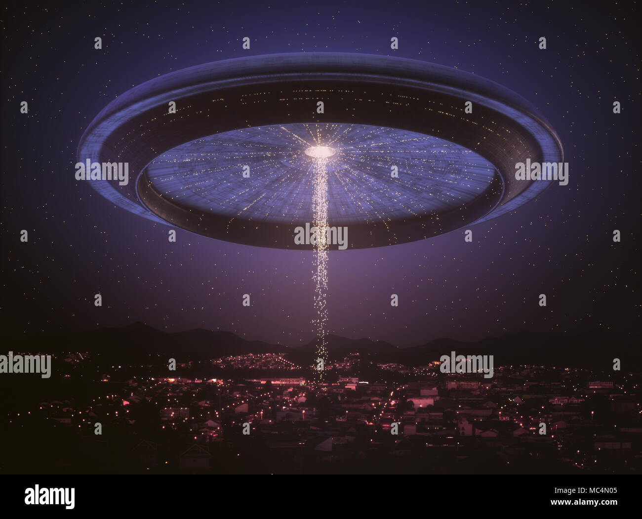 3D-Darstellung. Space Alien Schiff UFO über die Stadt. Konzeptionelle Bild der Ufologie. Stockfoto