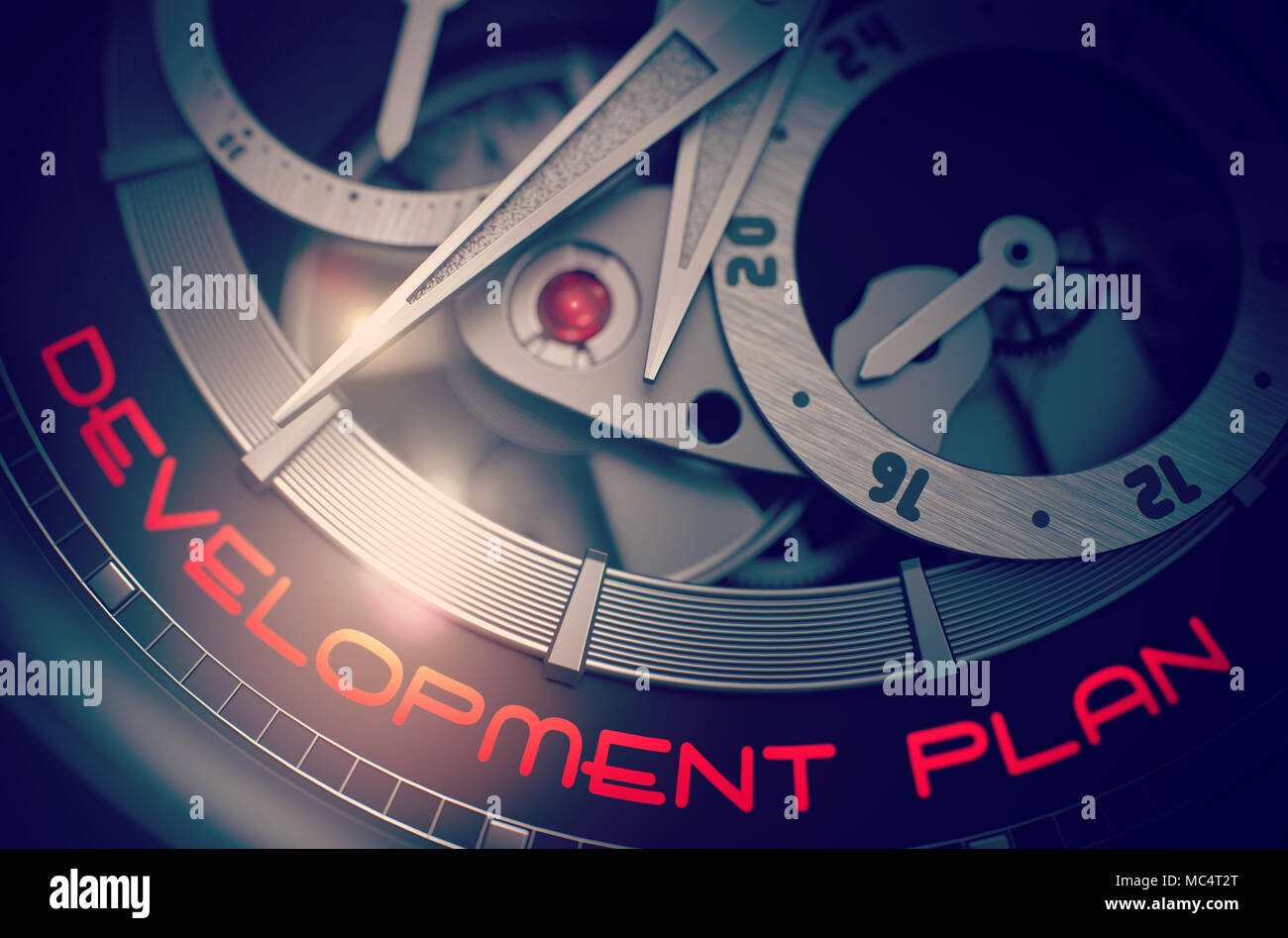 Entwicklungsplan auf das mechanische Uhrwerk. 3D. Stockfoto