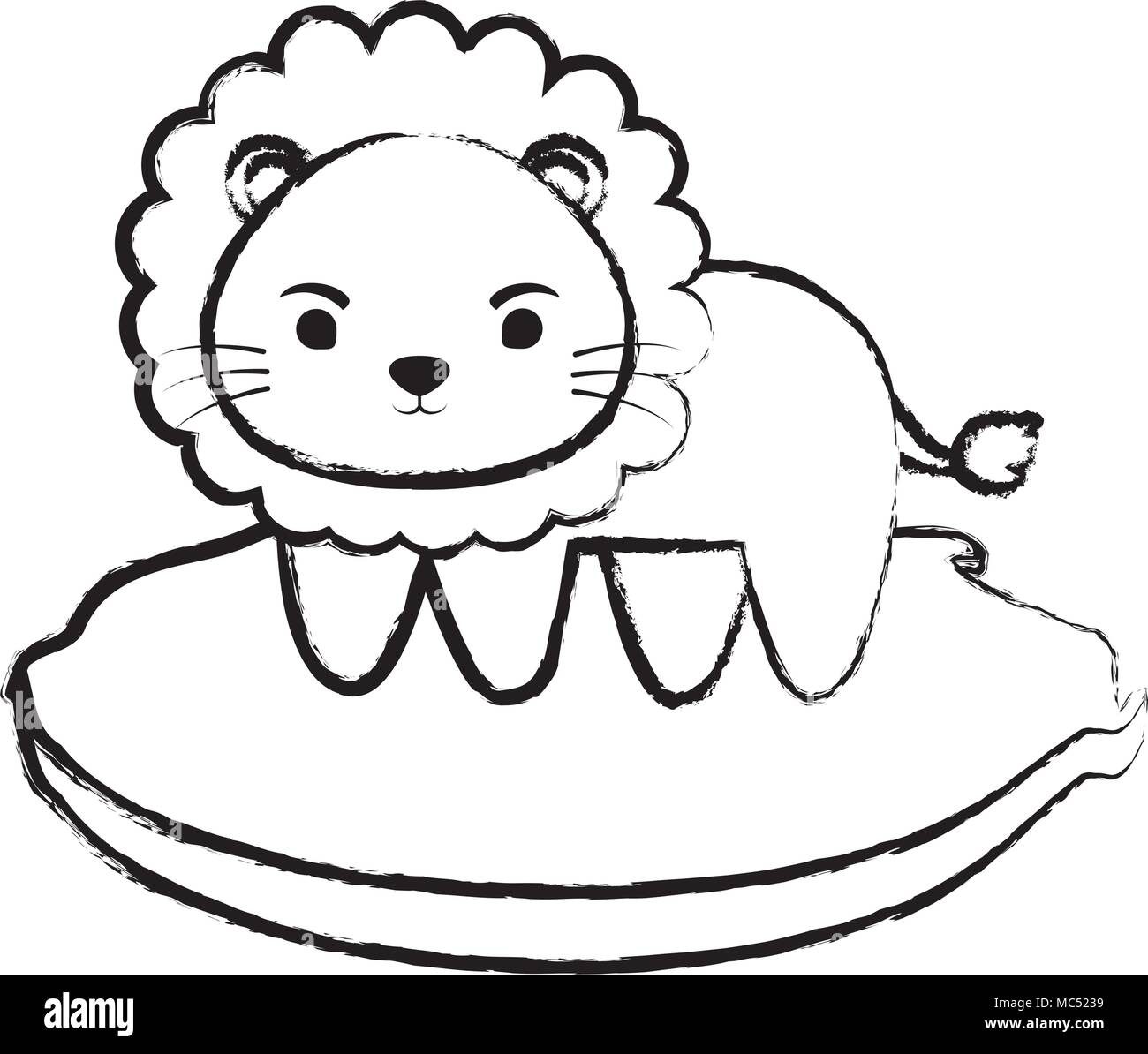 Skizze der süße Löwe auf dem Gras auf weißem Hintergrund, Vector Illustration Stock Vektor