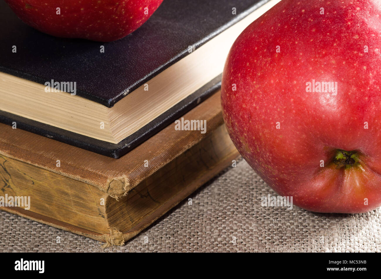 Der detaillierte Blick auf die rote Äpfel und alten Vintage Buch über graue Leinwand mit einer geringen Tiefenschärfe Stockfoto