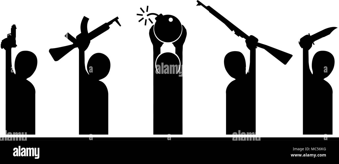 Gruppe von Vektor cartoon Silhouetten holding Waffen Abbildung horizontal Stock Vektor