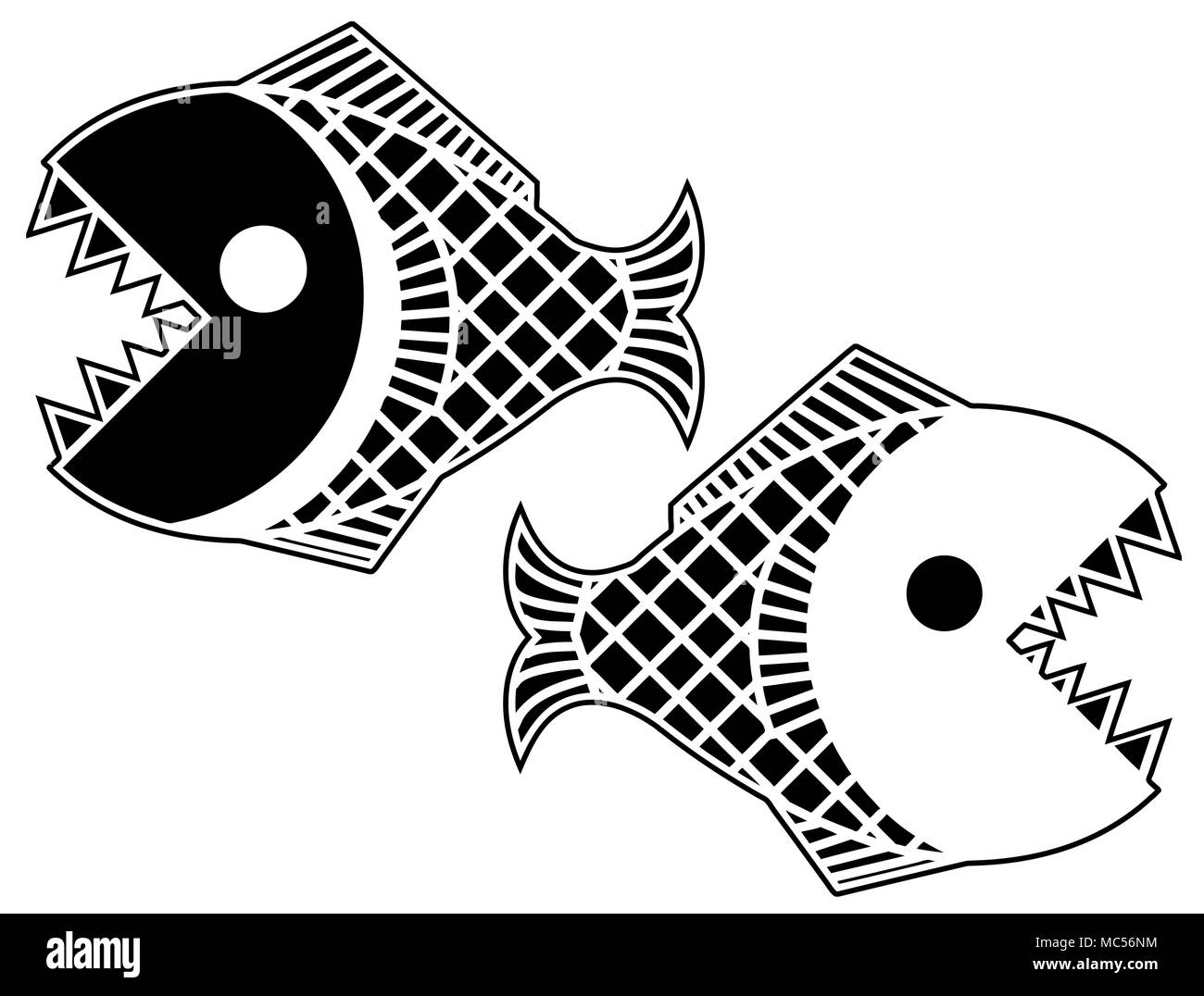Schwarzer Piranha stilisierte Schablone, Vector Illustration, horizontal, isoliert Stock Vektor