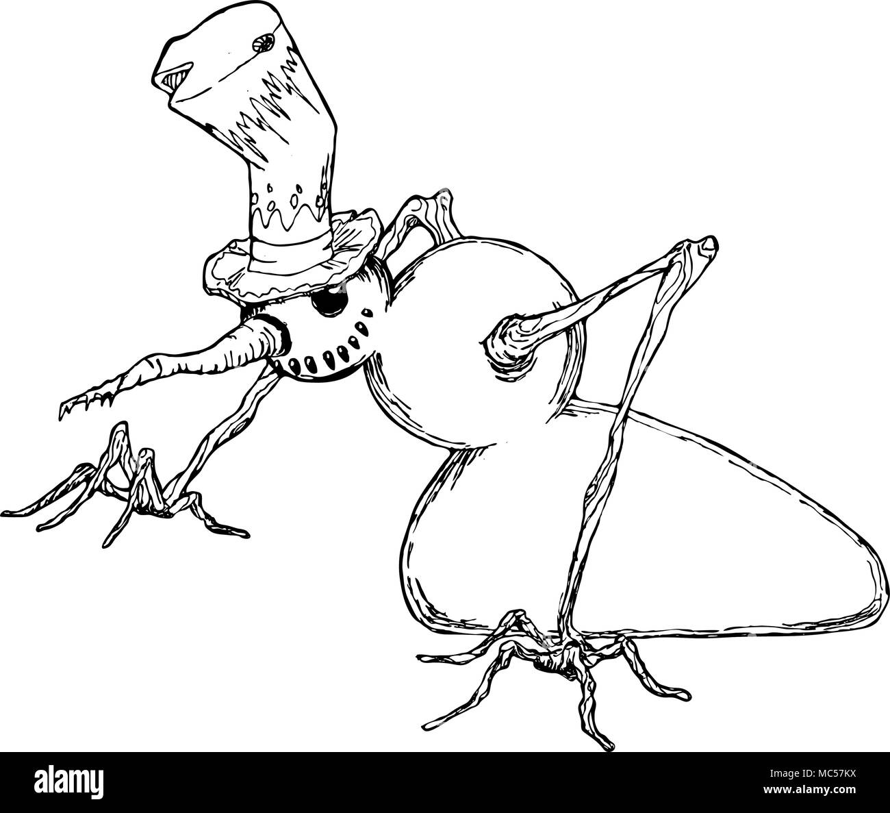 Schneemann Cartoon, stilisierte schwarze und weiße Hand gezeichnet Vektor-illustration, horizontal, isoliert Stock Vektor