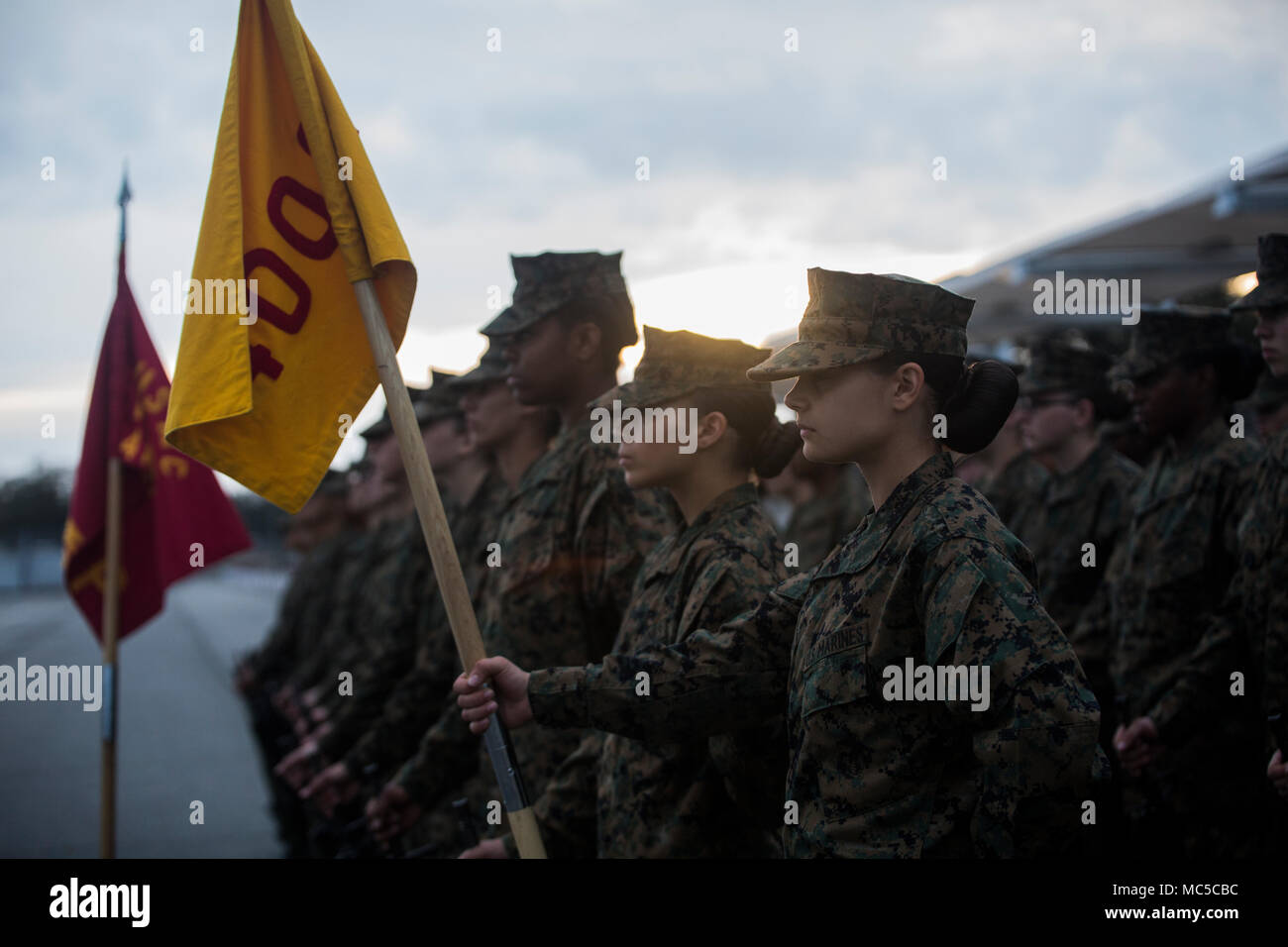 Papa Neuunternehmen mit Platoon 4008, warten Sie, bis Ihre Senior drill instructor Der erste Auftrag während eines abschließenden Bohrer Bewertung zu geben. Rekruten reagieren auf Ihre Senior drill Instructors Aufträge mit Präzision und schnelle Reaktion, die für die letzten 5 Wochen in der Vorbereitung für diesen Tag praktiziert wurde. (Foto von Lance Cpl. Carlin Warren) Stockfoto