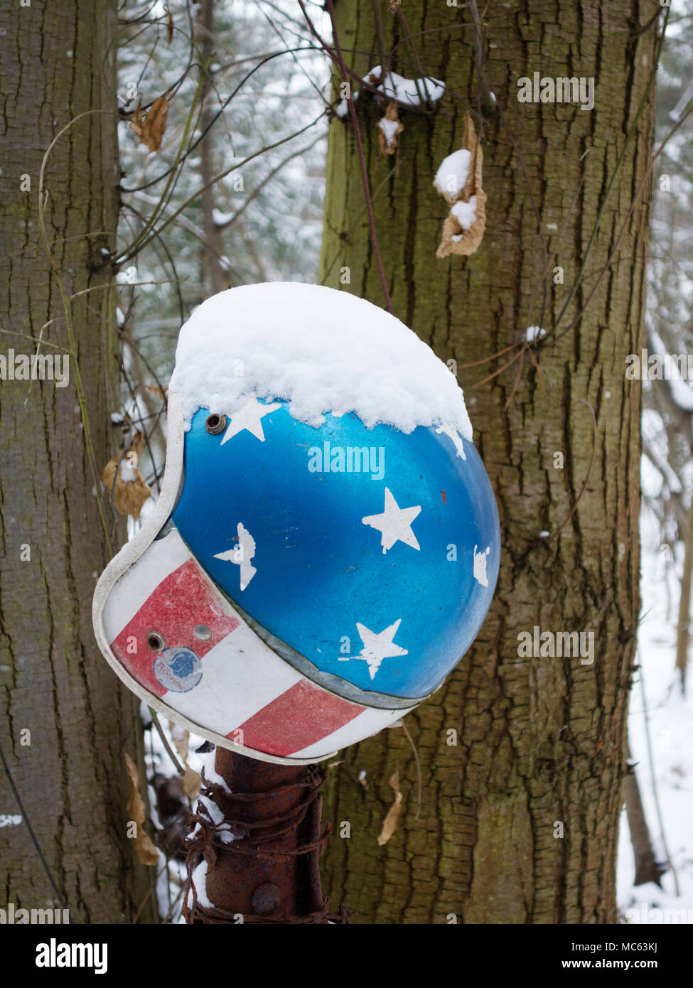 Football Helm in Wald, abgedeckt im Schnee Stockfoto