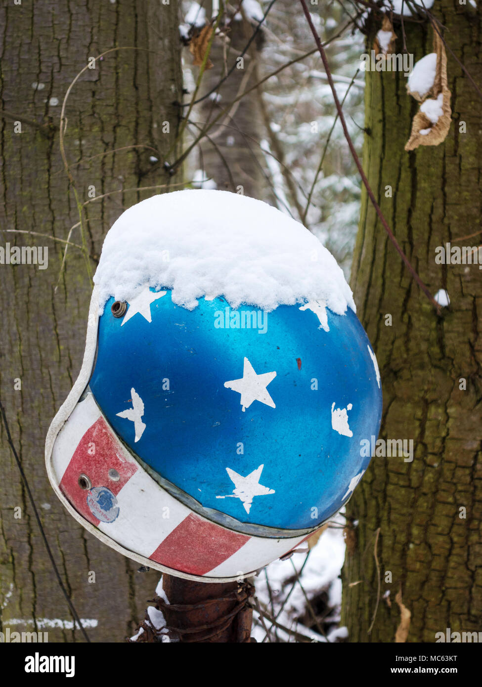 Helm mit amerikanische Flagge in einem Wald, Schnee Stockfoto