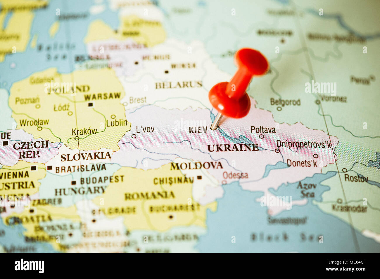 Die Ukraine und Ost Europa politische Karte, rote Stift auf Kiew Stockfoto