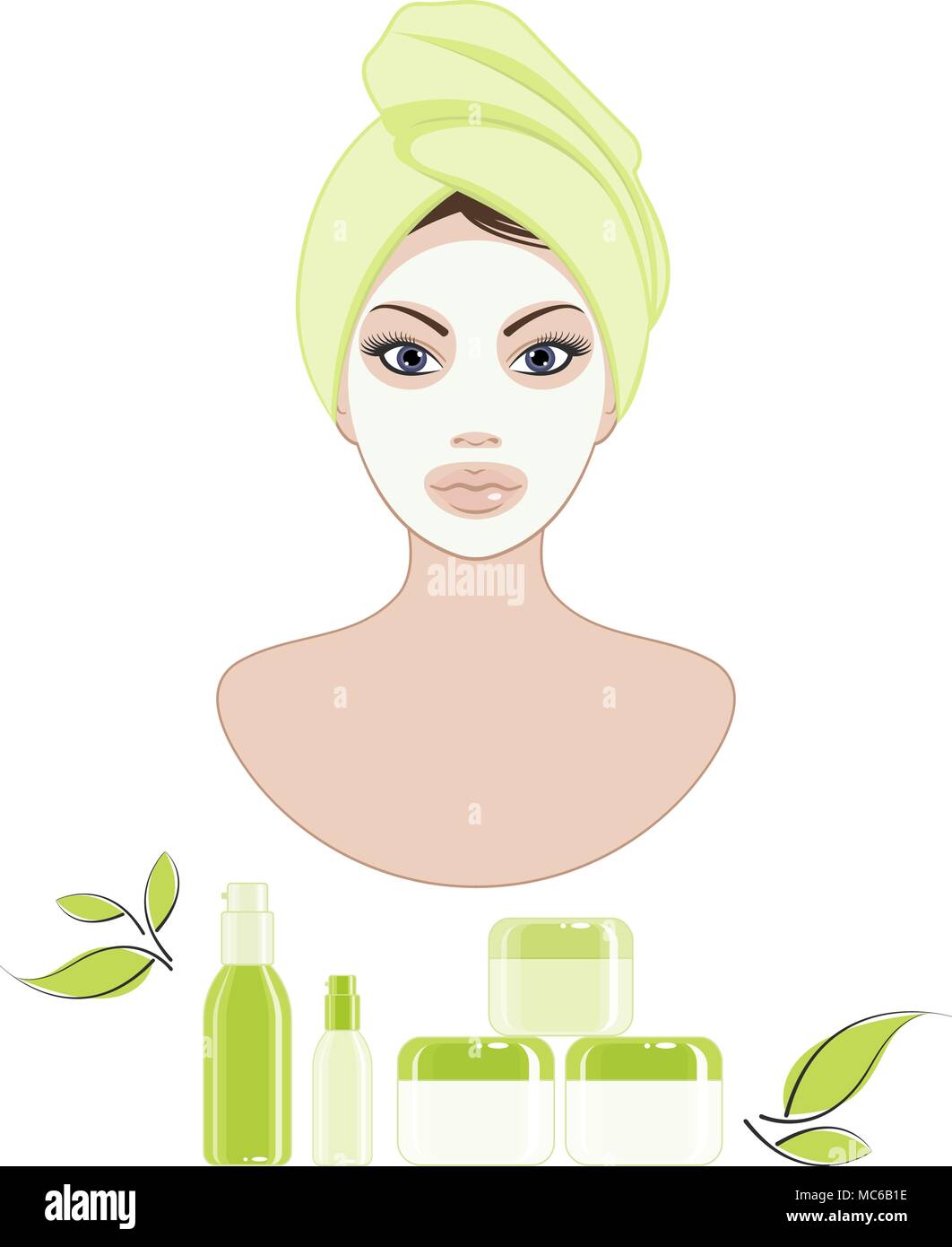 Junge Frau Pflege für Ihr Gesicht mit einem kosmetischen Produkte Stock Vektor