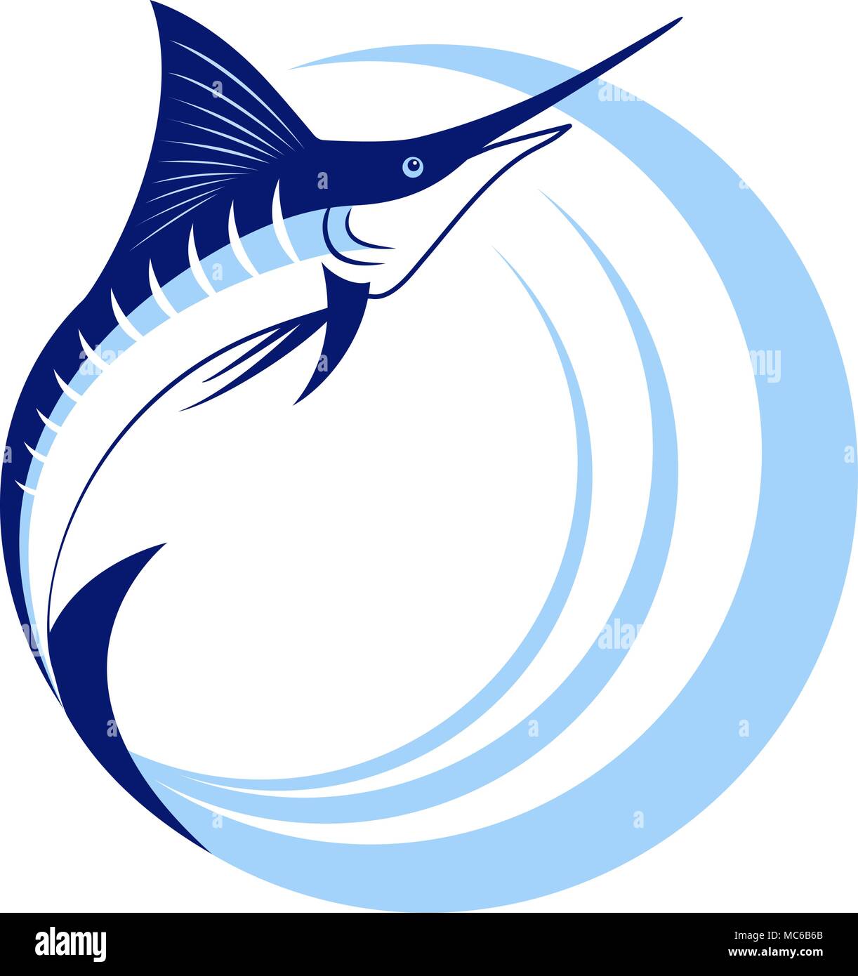 Marlin Fisch mit Wellen im Meer auf weißem Hintergrund Stock Vektor