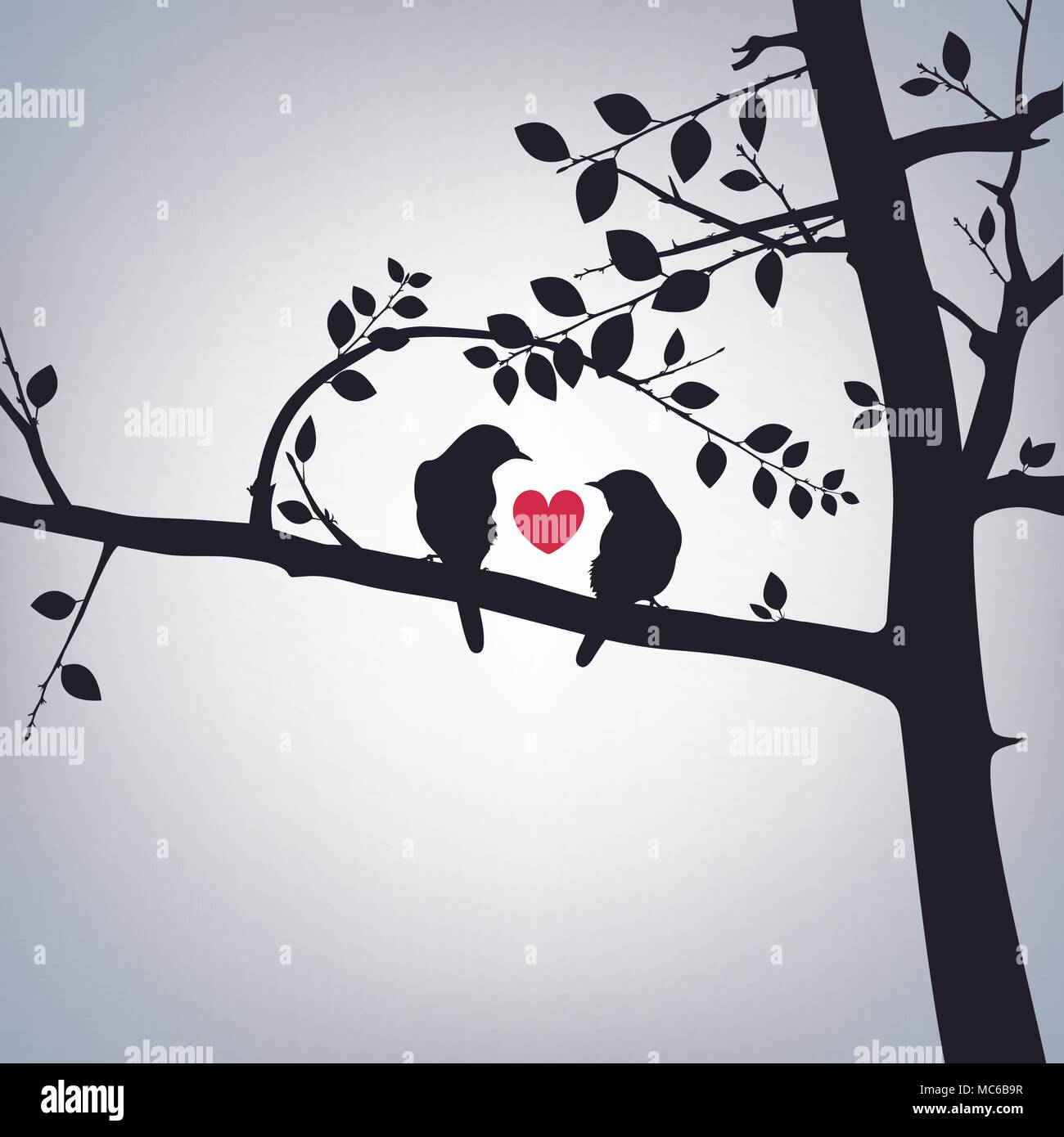 Feder Vögel auf einem Baum mit Herz. Stock Vektor