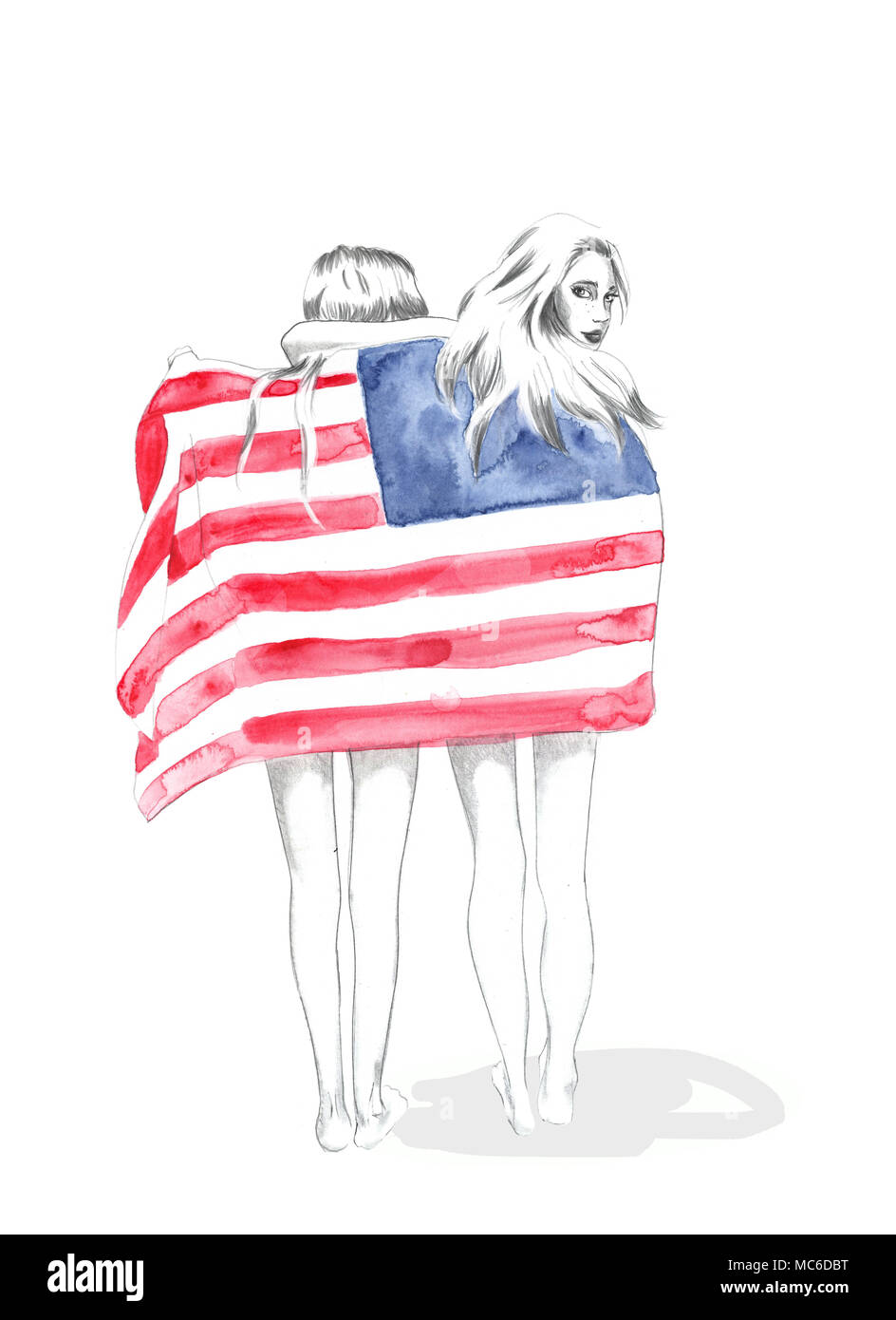 Zwei Frauen in der amerikanischen Flagge gewickelt Stockfoto