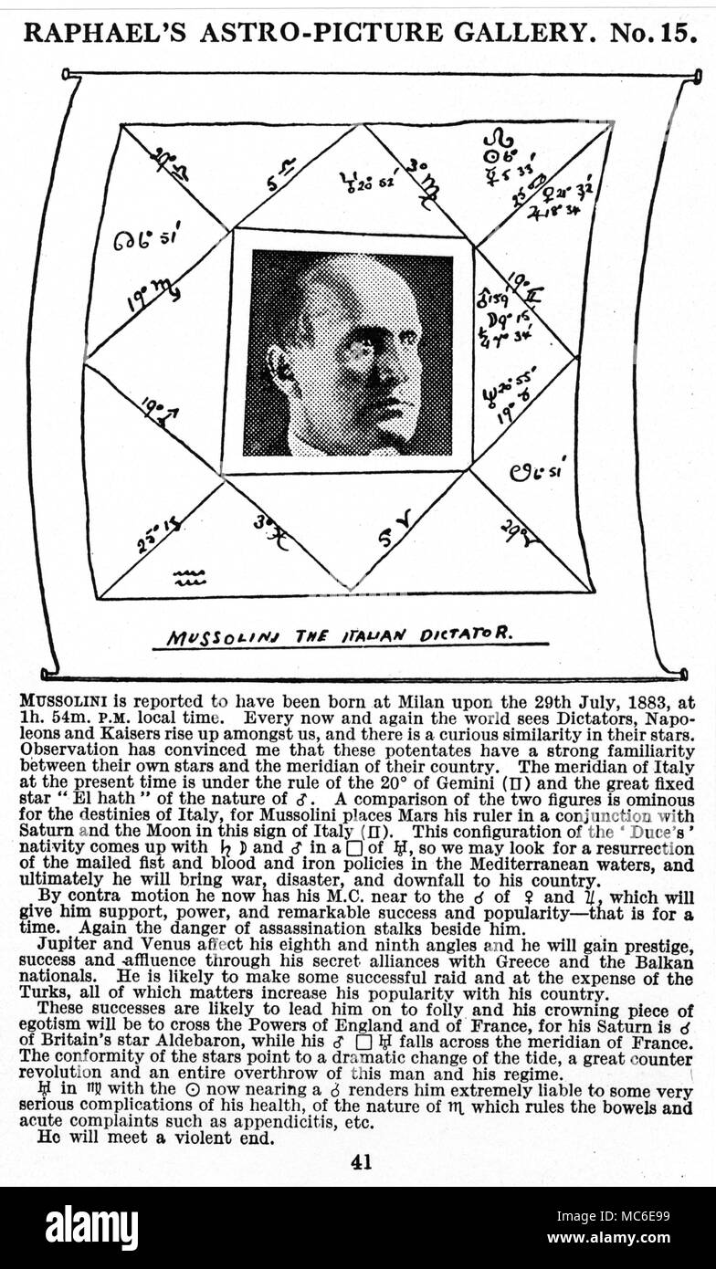 Horoskope - Benito Mussolini das Horoskop von Benito Mussolini, mit seinen umfangreichen und sehr genaue Anzeige, die der Astrologe, 'Raphael', der in der 1927 Edtion seiner Ephemeriden. Die Lesung endet mit der genaue Prophezeiung - so wird Er zu einem gewaltsamen Ende zu erfüllen. Stockfoto