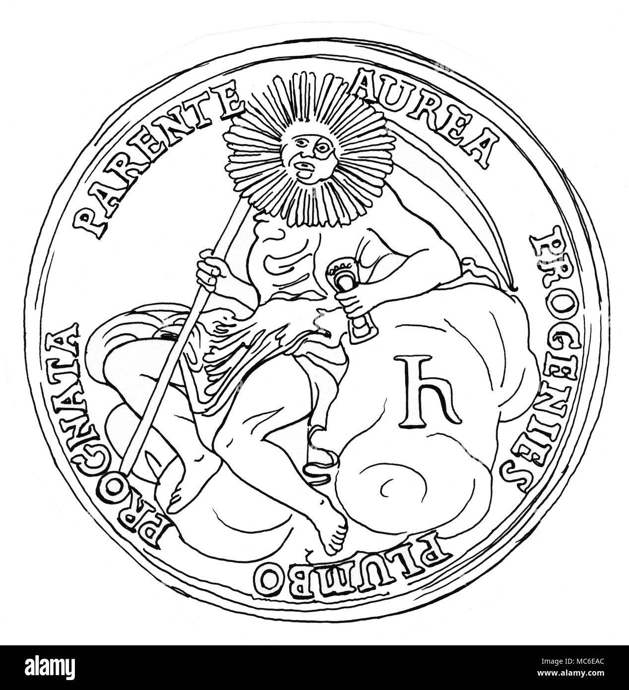Alchemie alchemistisches Gold Zeichnung der Medaille Struck aus Gold, Alchemistisch hergestellt worden waren, Beofre Charles Philip, der Pfalzgraf bei Rhein, am 31. Dezember 1716. Die ursprüngliche Medaille ist jetzt im Kunsthistorischen Museum, Wien. Stockfoto