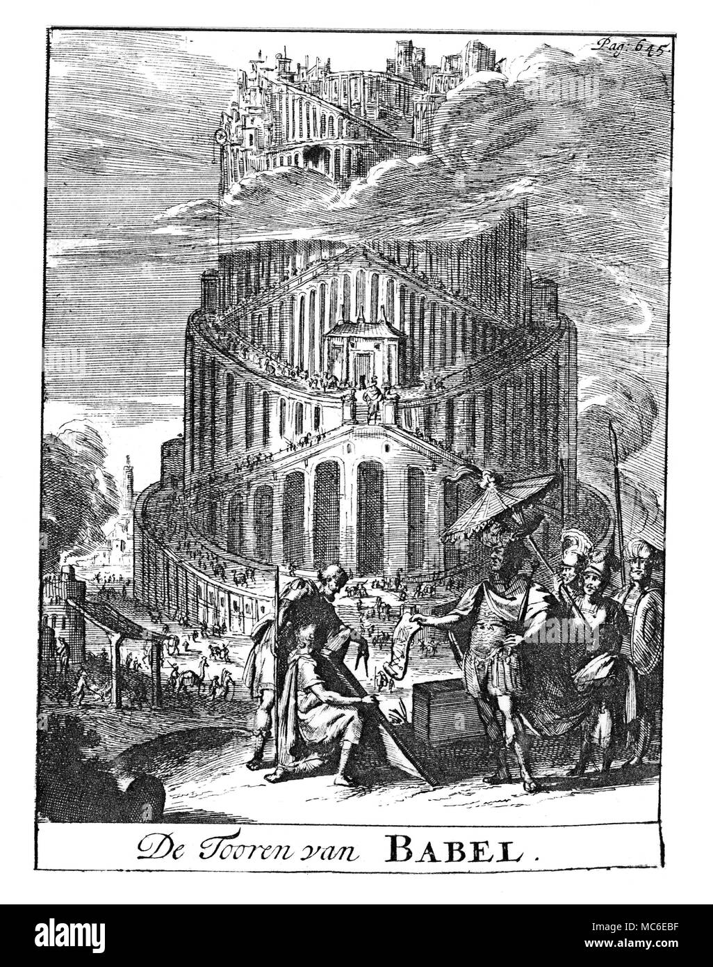 Weltwunder, der Turmbau zu Babel Der Turmbau zu Babel und erreichte sogar höher als die Wolken. von Het Groot Natuur- en Zedekundigh Werelttoneel der Woordenboek, 1743. Stockfoto