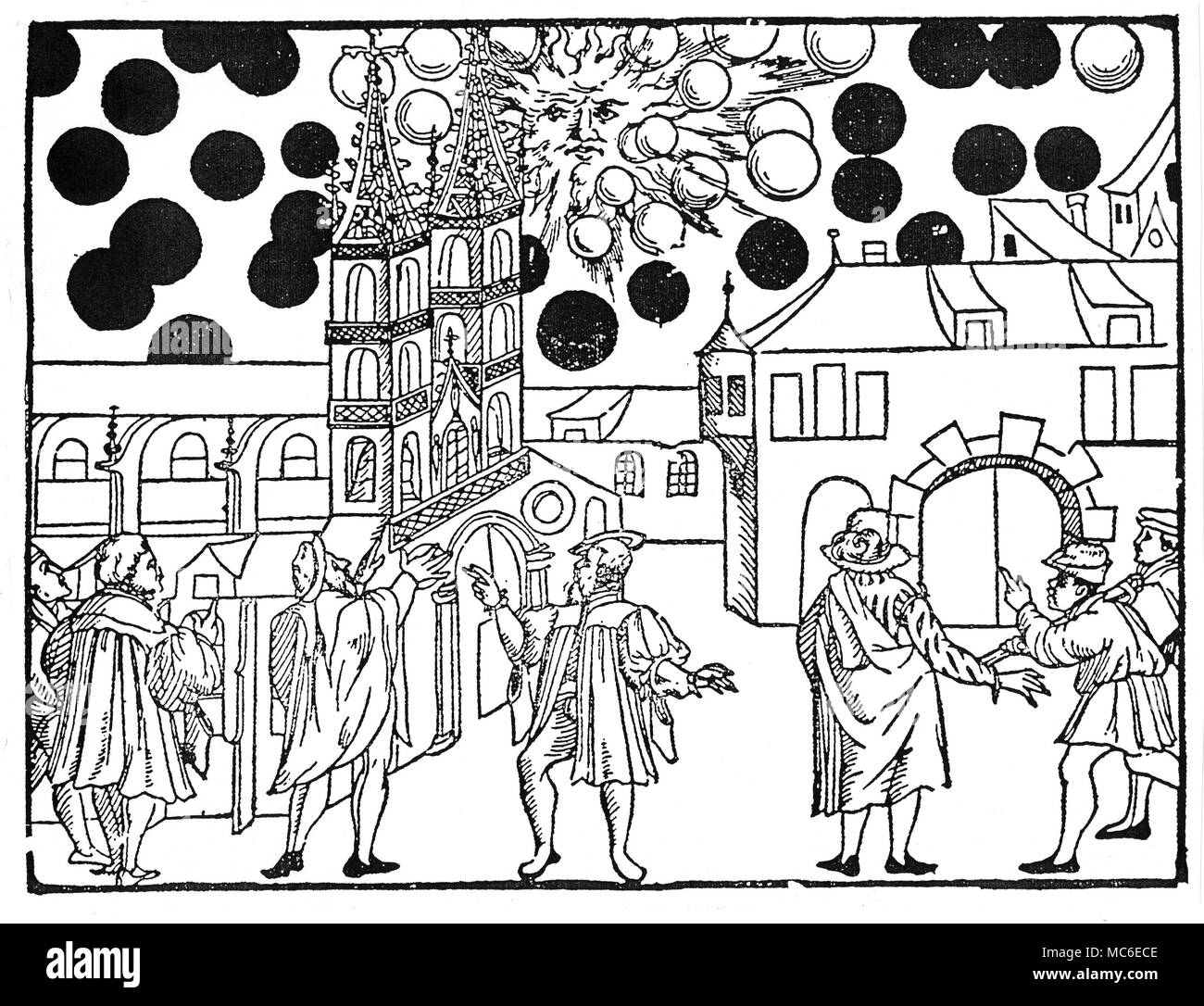 UFOs nicht identifizierte fliegende Objekte im Himmel am 7. August 1566 (dem Monat nach dem Tod von Nostradamus), über die Stadt Basel, Schweiz. Lose gedruckt, nachdem eine Zeitung im Jahr 1566 veröffentlicht. Stockfoto