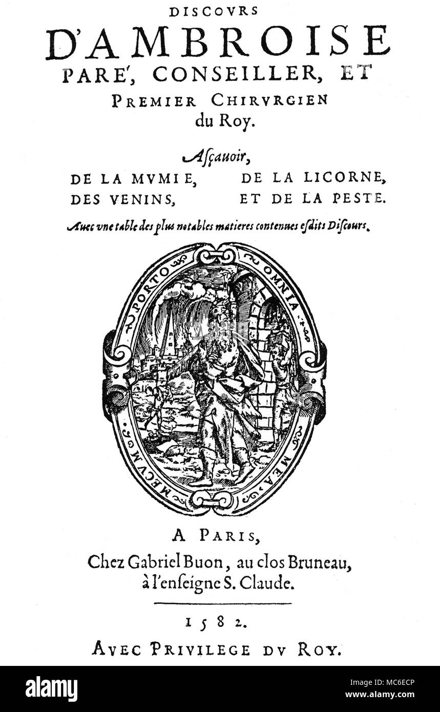 Gesundheit - MUMIA UND DAS EINHORN ein Werk des berühmten französischen Chirurgen, Ambroise Pare, die tendenziell Henri II an den grausamen Tod im Zweikampf, der Nostradamus vorhergesagt hatte. In diesem Buch, Pare befasste sich mit den medizinischen Wert von Mumia (aus dem Pulver bleibt der Ägyptischen Mumien) und das Horn des Einhorns. Das Motto rund um den Philosophen (oder Alchemist) im Gerät, liest (in Übersetzung), "ich alle meine Sachen mit mir". Dies bezieht sich zum Teil auf die Selbstversorgung, aber auch für die Vorstellung, dass jede Last des Wissens innerhalb des Selbst ausgeblendet werden sollten, anstatt sein (wie bei der t Stockfoto