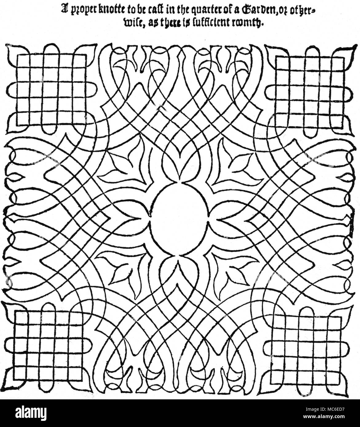 Labyrinthe Plan für ein Labyrinth, oder der richtige Knoten, in einem Garten gepflanzt. Es ist überhaupt nicht klar, wie das Geheimnis auf dem Weg in die Mitte gebaut werden. Von Thomas Hill, des Gärtners Labyrinth, 1577. Stockfoto