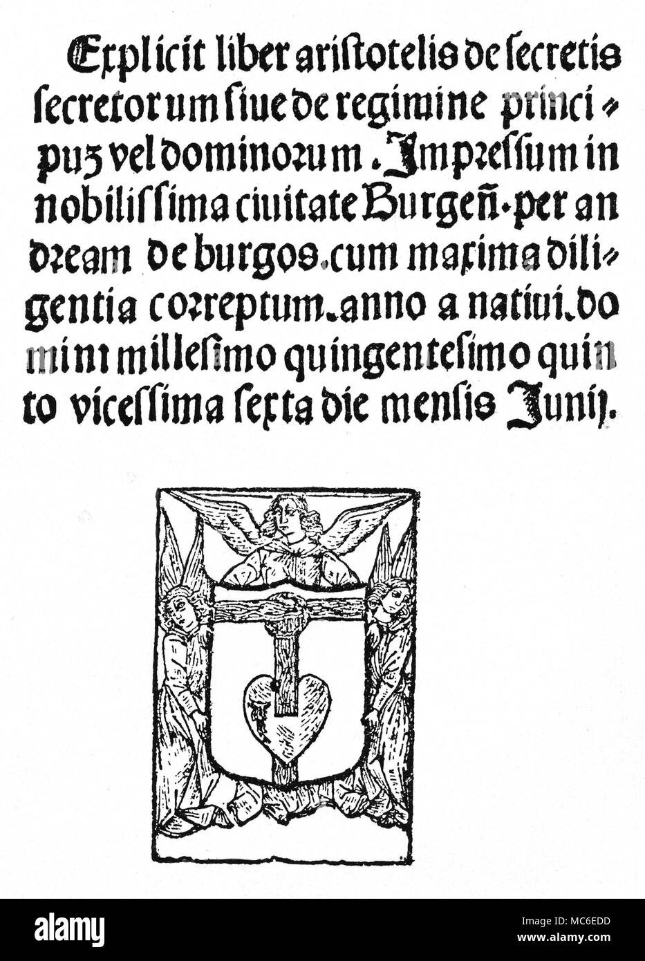 Gesundheit - das Geheimnis aller Geheimnisse einer pseudo-Aristotelischen Text, De Secretis Secretorum (Betreffend das Geheimnis aller Geheimnisse), in Burgos, Spanien, 1505 gedruckt, Aufzeichnungen, die angeblich das Beraten von Aristoteles zu Alexander dem Großen. Der Text, von einem Historiker als "Das beliebteste Buch des Mittelalters", Noten auf Aberglauben und auf einige Regeln der Physiognomie, und seine Affinität zu der Stimme, Hände und Füße beschrieben. Richtungen sind für die entsprechende Konstellationen, unter denen Blutungen zu üben und auf der iinfluence der Tierkreiszeichen, und es gibt viele Aphorismus Stockfoto