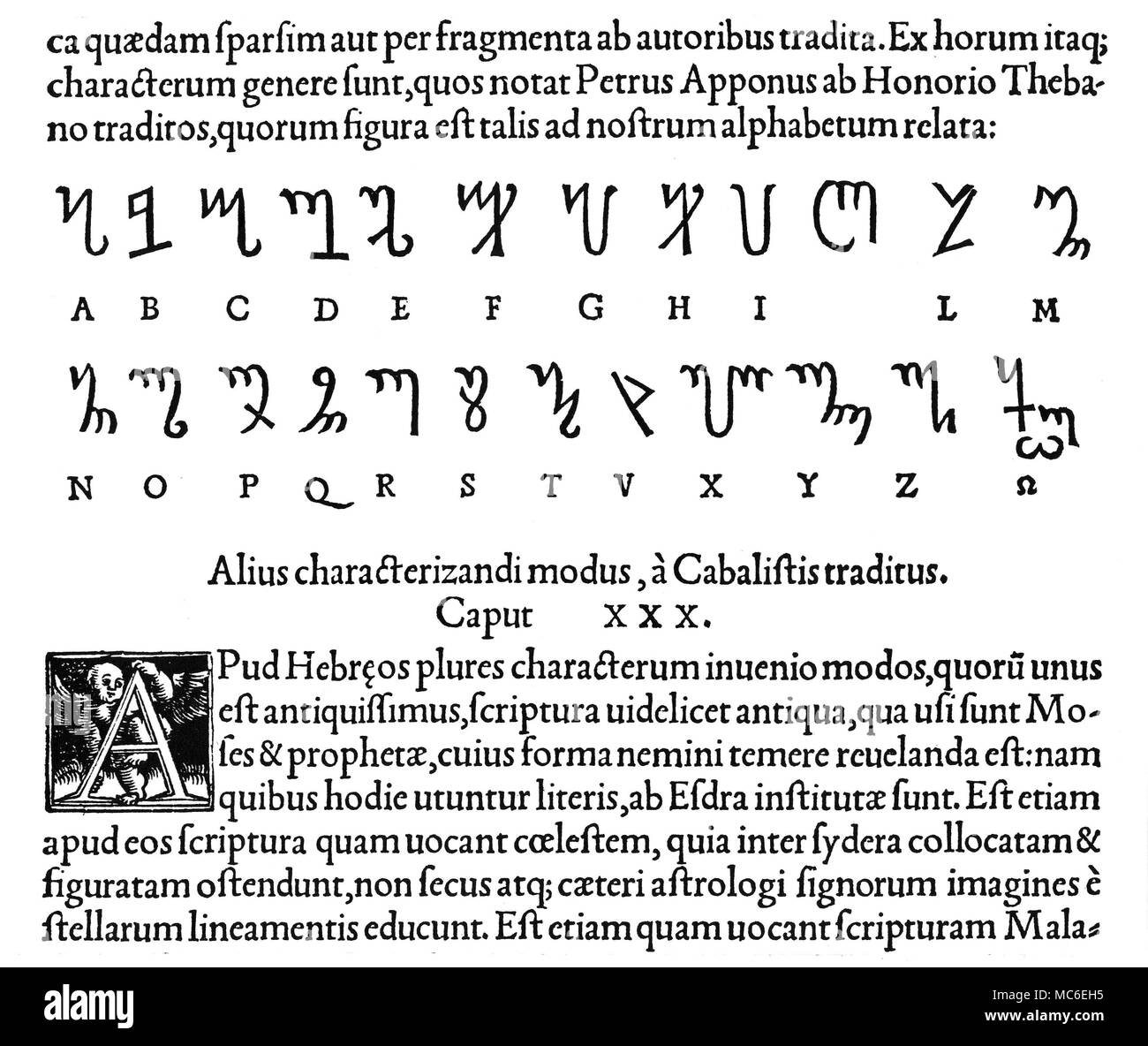 Alphabete - magische ALPHABETE unter den alten magische Alphabete aufgezeichnet vom 16. Jahrhundert Okkultist, Agrippa, ist der "THEBANISCHEN Skript'. Von Cornelius Agrippa, De Helvetica Philosophia, 1533 Edition. Stockfoto