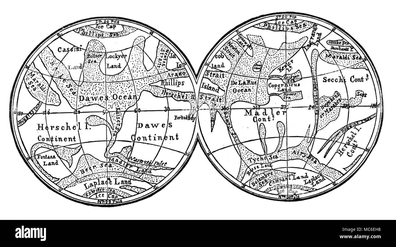 Planeten - MARS frühe Karte von Mars, sorgfältig mit der Kontinente und Ozeane gekennzeichnet. Dies ist Teil einer Serie von Zeichnungen, die von den Astronomen, Dawes (dessen Name Zahlen in einem der Ozeane auf dem Mars). Von Richard A. Proctor, Blumen des Himmels, 1889. Stockfoto