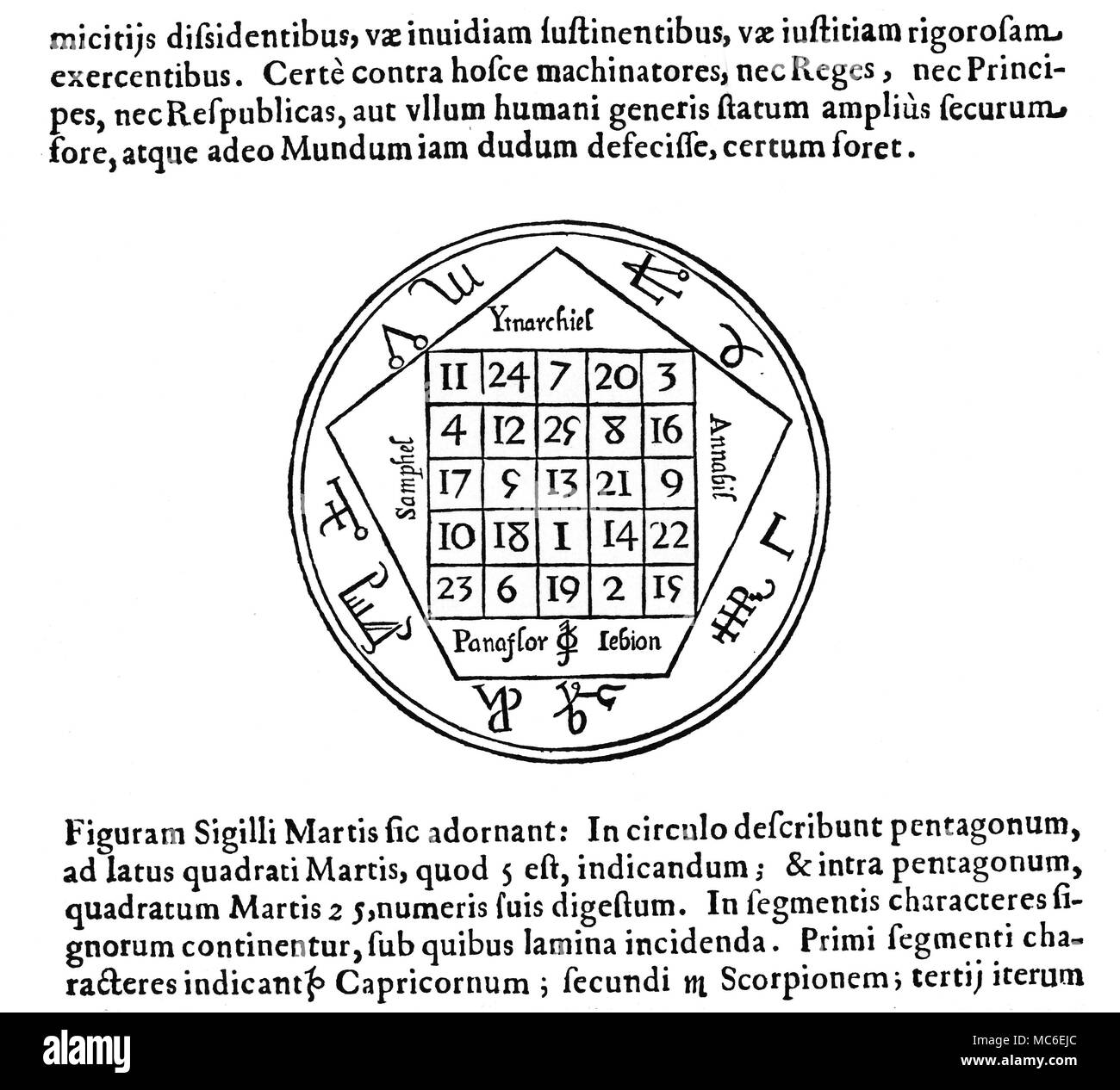 Magische Symbole - magische Quadrate - MARS Die Tabula Martis, oder magische Quadrat von Mars, auf einem 5x5 Quadrat, das einzelne lineare Addition, 65, in eine beliebige Richtung. Der Platz wird von verschiedenen Namen und Siegel von Engeln und Dämonen zu Mars verwandte umgeben. Von Athanasius Kircher, Oedipus Aegyptiacus, 1652-4. Die Struktur und einige der Engel Lore, wird von den magischen Quadraten veröffentlicht von Cornelius Agrippa abgeleitet. Stockfoto