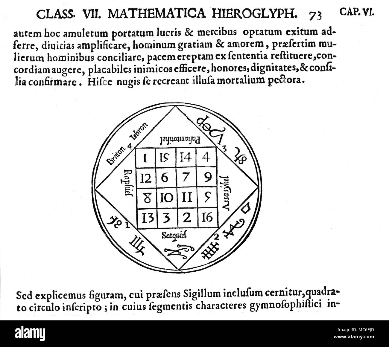 Magische Symbole - magische Quadrate - JUPITER Die Tabula Iovis, oder magische Quadrat des Jupiter, auf einem 4x4-Quadrat, die einzelne lineare Addition, 34, in eine beliebige Richtung. Der Platz wird von verschiedenen Namen und Siegel von Engeln und Dämonen zu Jupiter verwandte umgeben. Von Athanasius Kircher, Oedipus Aegyptiacus, 1652-4. Die Struktur und einige der Engel Lore, wird von den magischen Quadraten veröffentlicht von Cornelius Agrippa abgeleitet. Stockfoto