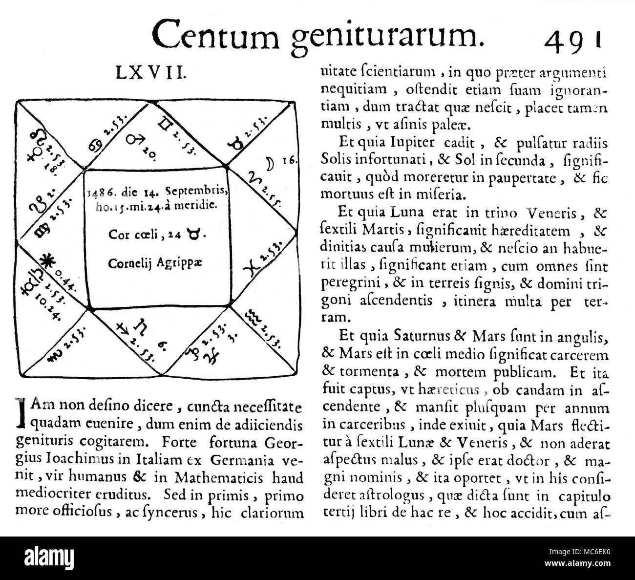 Astrologie - Horoskop das Horoskop der Okkultist, Cornelius Agrippa, der am 14. September 1486 geboren wurde. Von Hieronimus Cardanus, Operum tomus Quintus, 1663 [de Beispiel centum genituararum]. Stockfoto