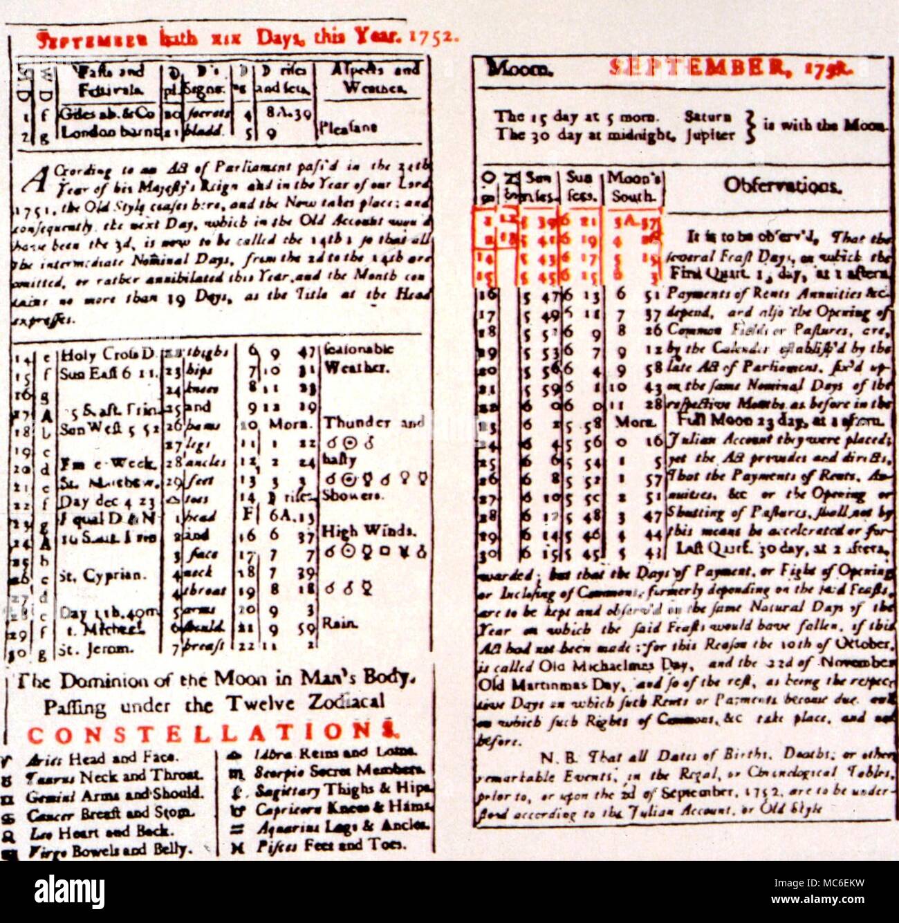 Kalender - Die Reform von 1752. Almanac für 1752 die Einzelheiten der Monat September, eindeutig mit einer Länge von 19 Tage. Dies ist der letzte britische kalendarischen Reform auf der Grundlage der Gregorianischen Reform von 1582 Stockfoto