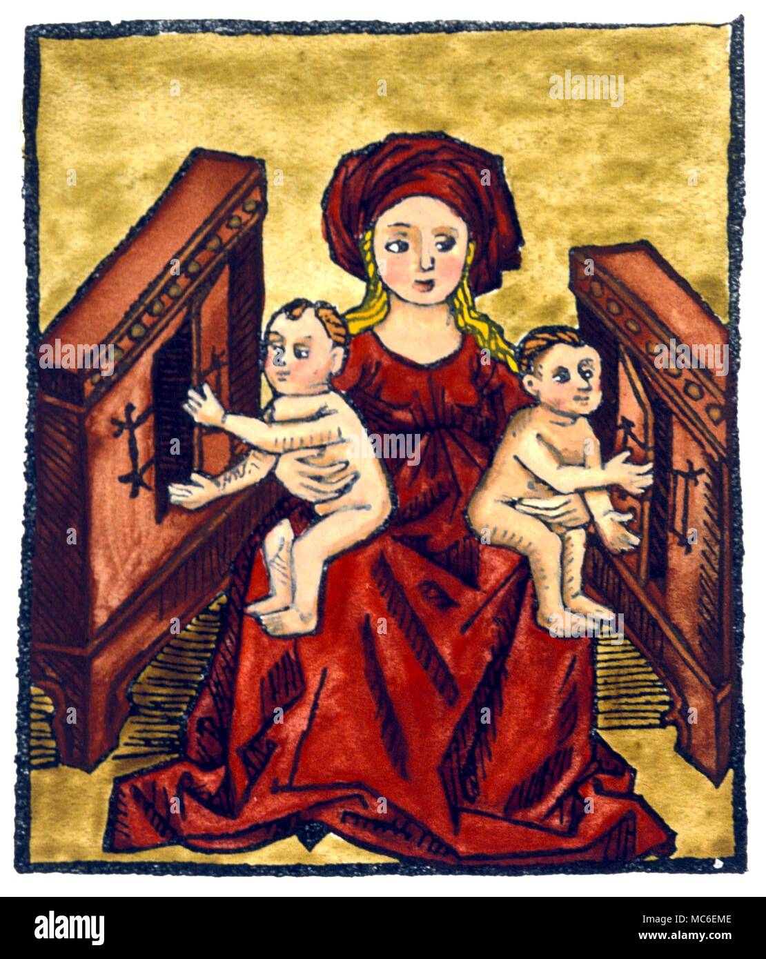 Merkwürdige Phänomene - Kinder des Mars. Zwei babes, unter Mars geboren, in der Lage, sichere Schrauben und Tür Bars nur durch Berührung zu öffnen. Von Franciscus de Retza De generatione Christi. 1490, ein Buch, das auf der christlichen Wunder zieht Stockfoto