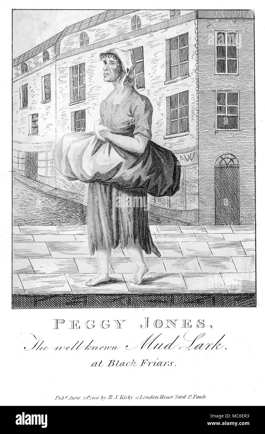 Merkwürdige Phänomene Portrait von Peggy Jones, einem bekannten Schlamm Lerche, der die Themse an Blackfriars gearbeitet. Kupferstich von 1805, in der Kirby wunderbar und exzentrische Museum; oder, Magazin der bemerkenswerten Zeichen, 1820 verwendet. Stockfoto