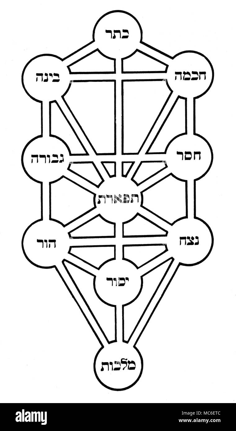 Kabbala - Sephirothic SEPHIROTHIC BAUM Baum, oder ein Baum des Lebens, der Cabbalists. Jede der zehn Sephiroth in Hebräisch benannt ist. Lesen unten, von links nach rechts, die Namen sind: Kether, Binah, Hokmah, Geburah, Hesed, Tiphereth, Hod, Netsah, Moshav und Malkuth. Stockfoto