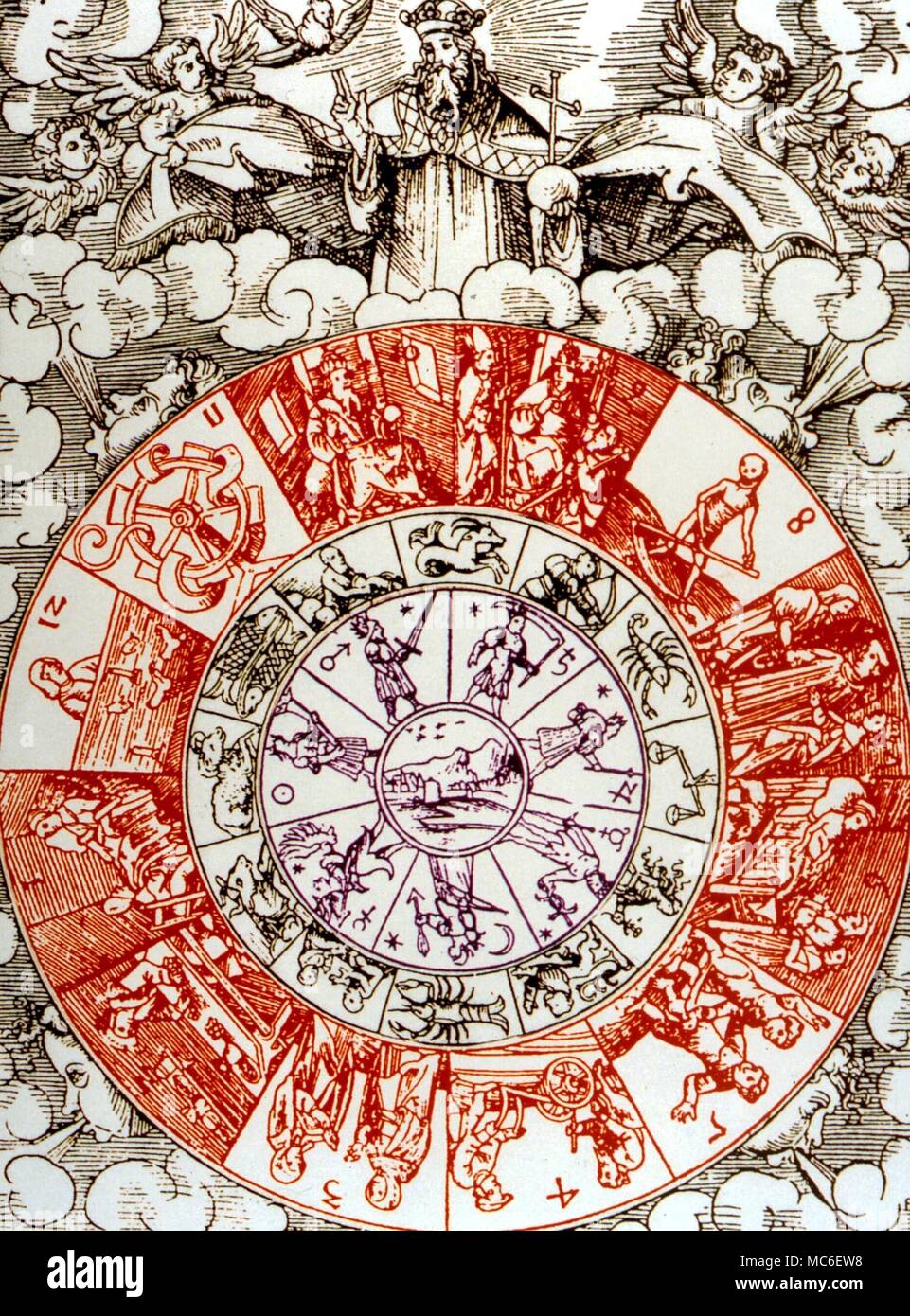 Engel - Der Tierkreis und planetarischen Sphären innerhalb einer Crescent der Neun himmlische Hierarchien gesetzt. Von der 1493 Ausgabe des Hartmann Schedel's 'Nürnberg Chronicles' Stockfoto