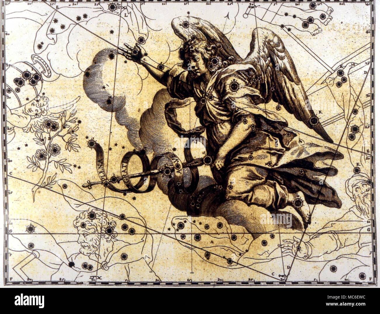 Engel - Gabriel die Karte zeigt die Alternative zu Pegasus, dargestellt als der Erzengel Gabriel. Von Julius Schiller, 'Coelum Stellatum Christianum"', 1627 Stockfoto
