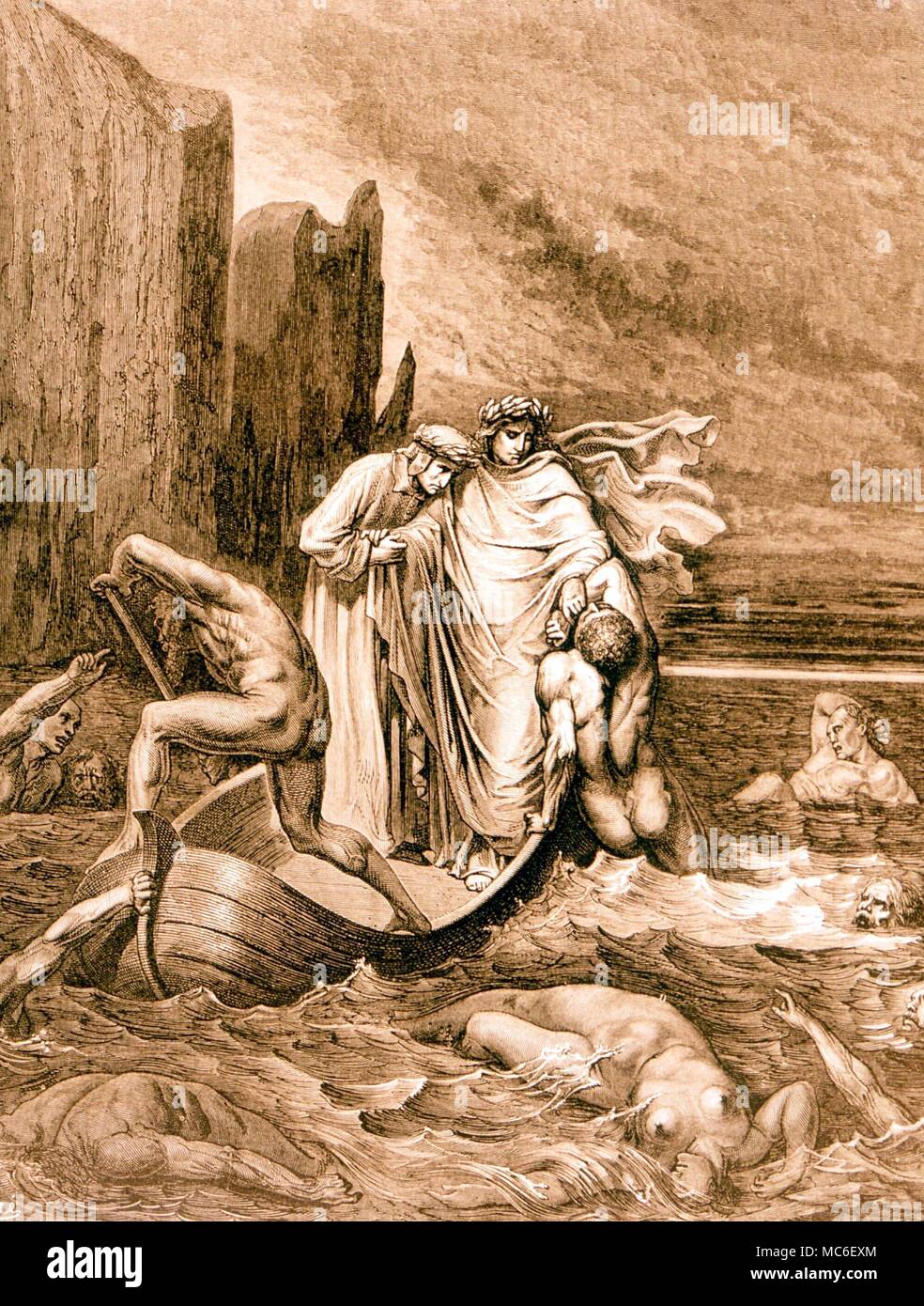 Hölle - Dantes Charon Abbildung von Gustav Doré zu Canto VIII. von Dante's Inferno. Dante, Vergil und Charon überqueren den Fluss der Hölle Stockfoto