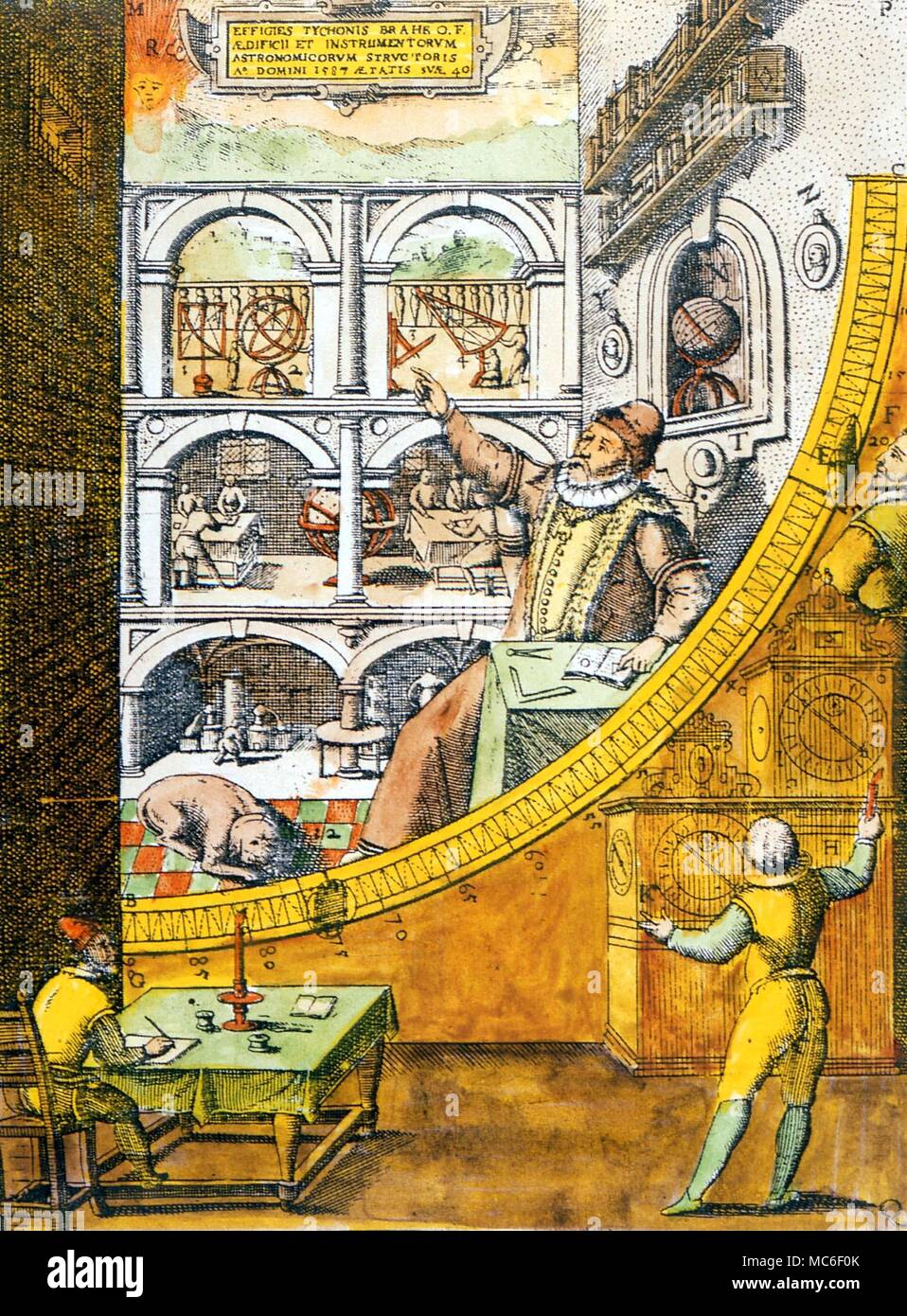 Beobachtungsstellen - Tycho Brahe die Leitung der Lesung aus seinem wandbild Quadrant, aus dem Titlepage von seiner "Astronomiae Instauratae Mechanica" von 1598 Stockfoto