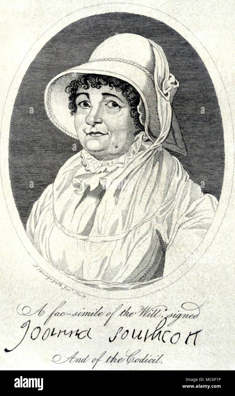 Okkultisten. Portrait von Joanna Southcott (1750-1814), bekannt gegeben, dass sie der besondere Offenbarungen besessen war, und würde die Mutter sein von Silo, der Fürst des Friedens. Von Kirby' wunderbare Museum' 1820 Stockfoto