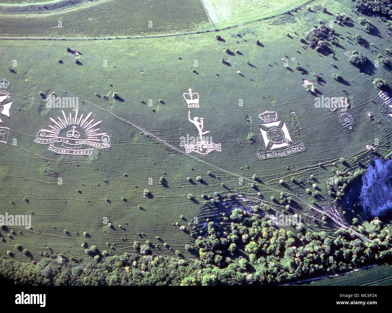 HILL ZAHLEN Chiselbury Camp (fovant) Regimental Abzeichen in die Böschung des alten Lagers am Chiselbury, oben Fovant, Wiltshire. Schnitt in vergleichsweise moderne Zeiten, C. 1940 Stockfoto